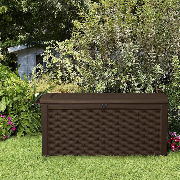 Keter Borneo 110 Gal Wicker Resin Patio Deck Storage Box Bench, Brown (Open Box)