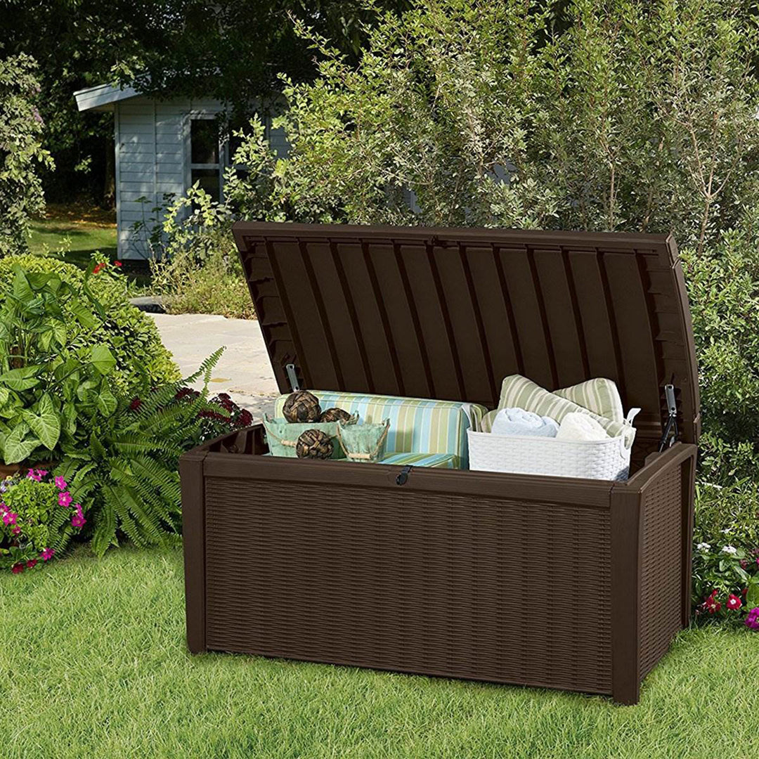 Keter Borneo 110 Gal Wicker Resin Patio Deck Storage Box Bench, Brown(For Parts)