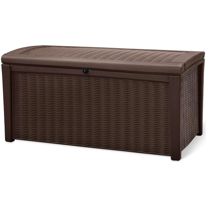 Keter Borneo 110 Gal Wicker Resin Patio Deck Storage Box Bench, Brown (Open Box)