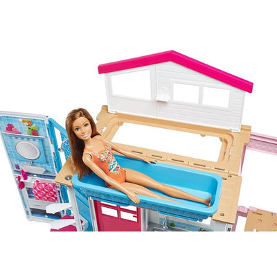 Barbie 2-Story Portable Doll House w/ Furniture & Accessories, Pink (Open Box)
