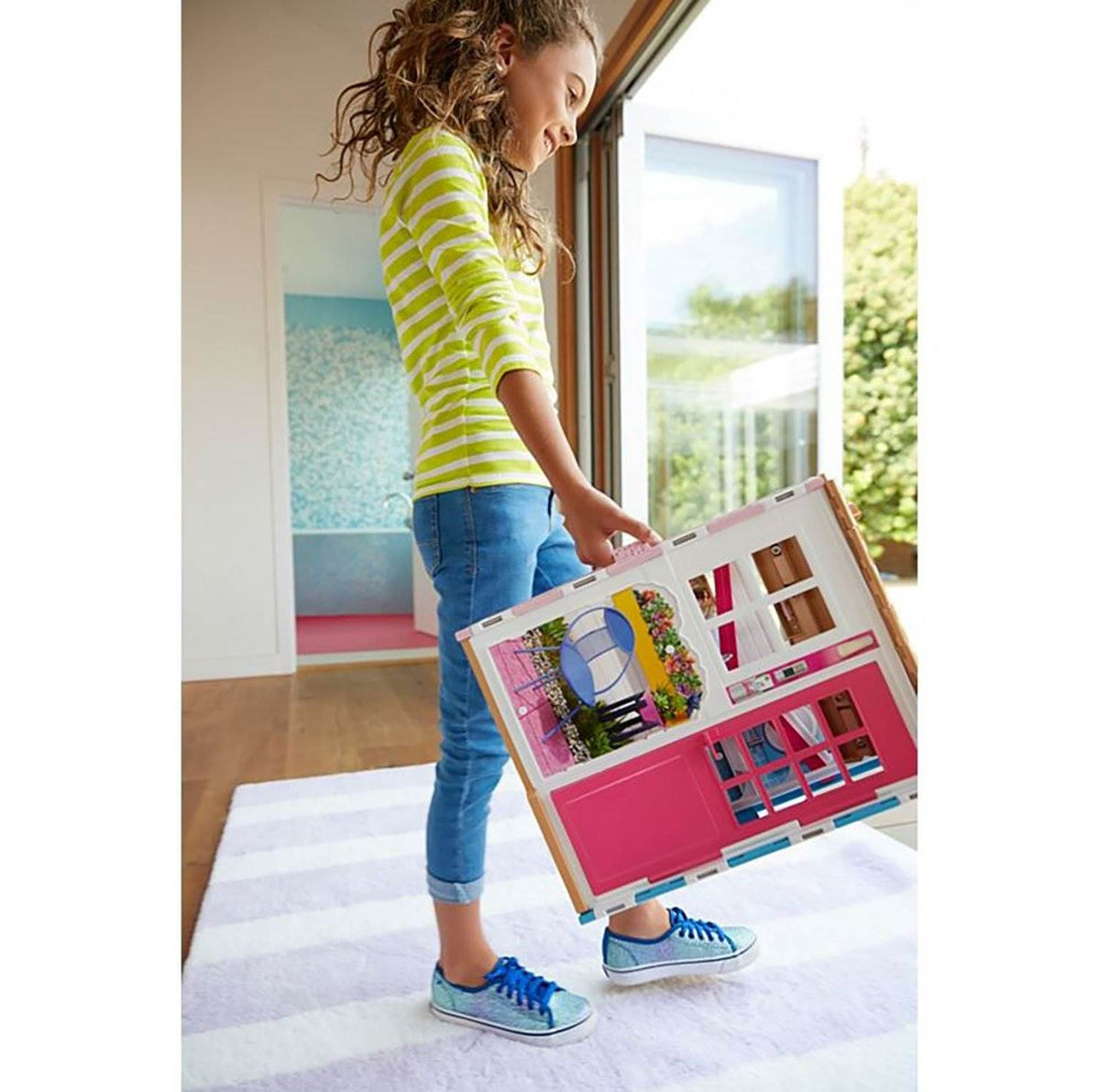 Barbie 2-Story Portable Doll House w/ Furniture & Accessories, Pink (Open Box)