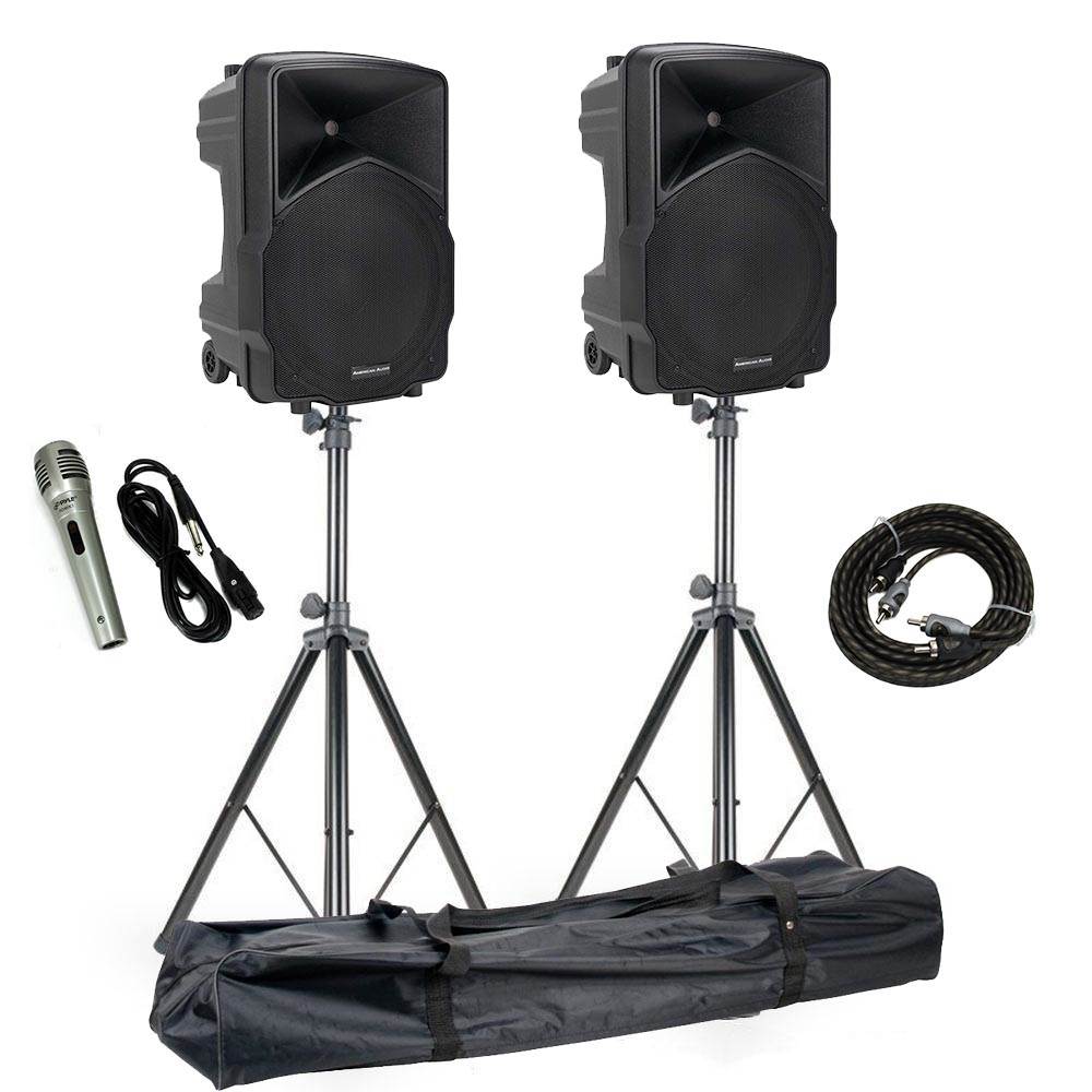 American Audio 15" Wireless Speakers + ADJ  Speaker Stands + Microphone + Cable