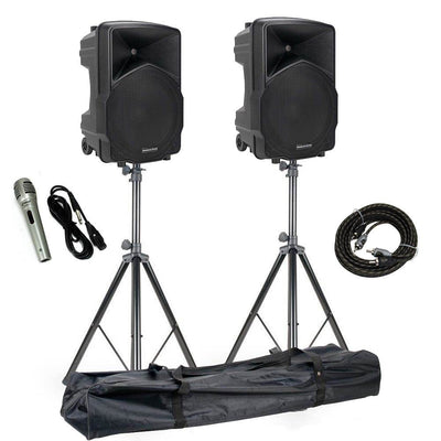 American Audio 15" Wireless Speakers + ADJ  Speaker Stands + Microphone + Cable