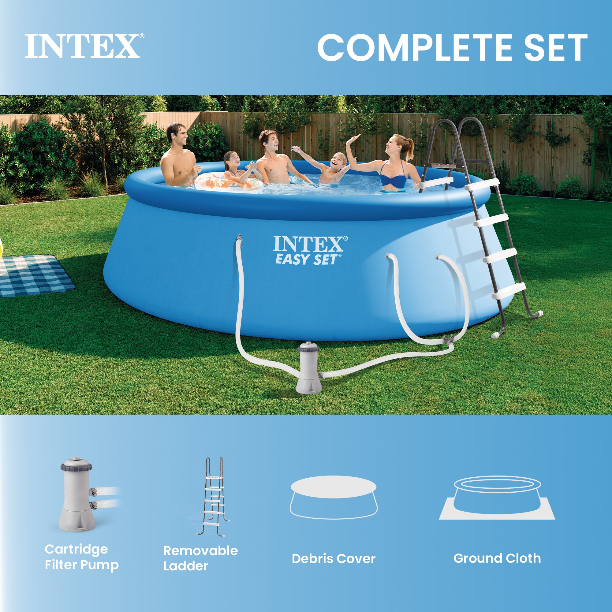Intex Above Ground Swimming Pool, Ladder with Pump and 15’ Pool Debris Cover