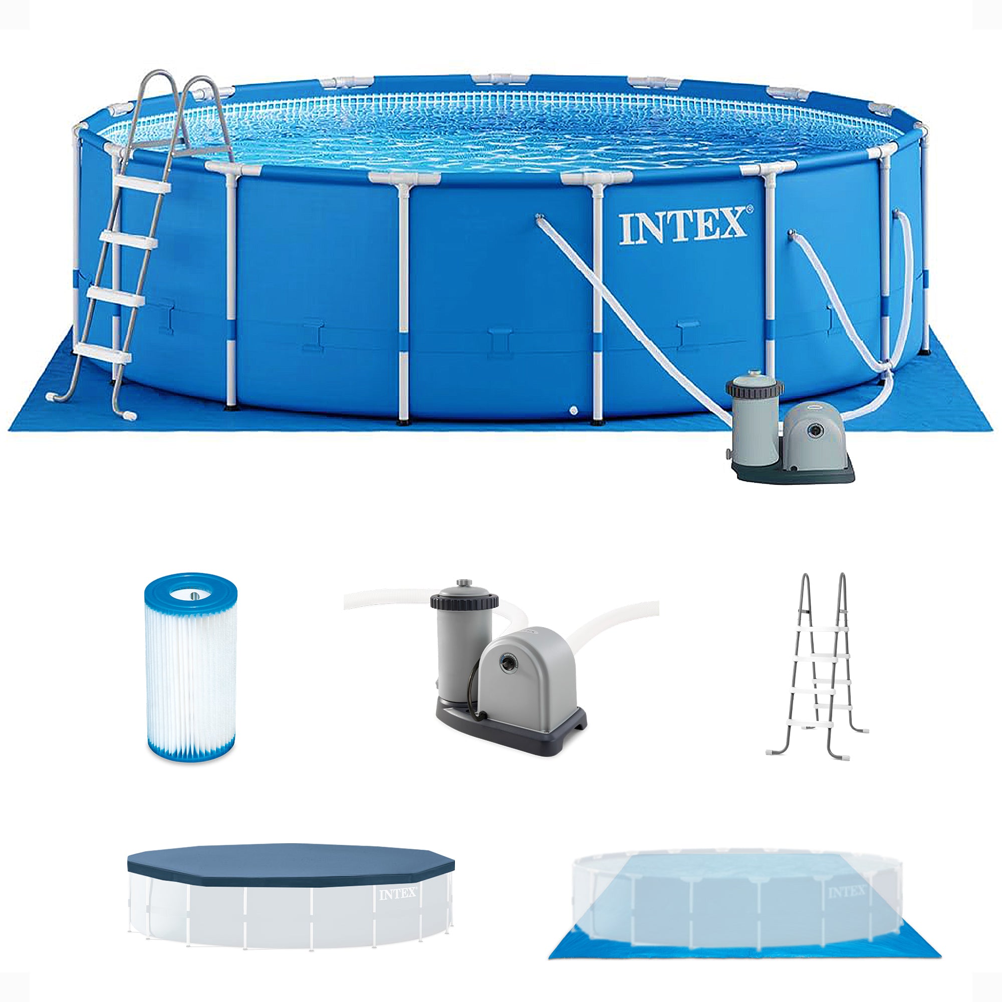 Intex 18'x48" Metal Frame Above Ground Pool Set w/ Pump Ladder Cover (Open Box)