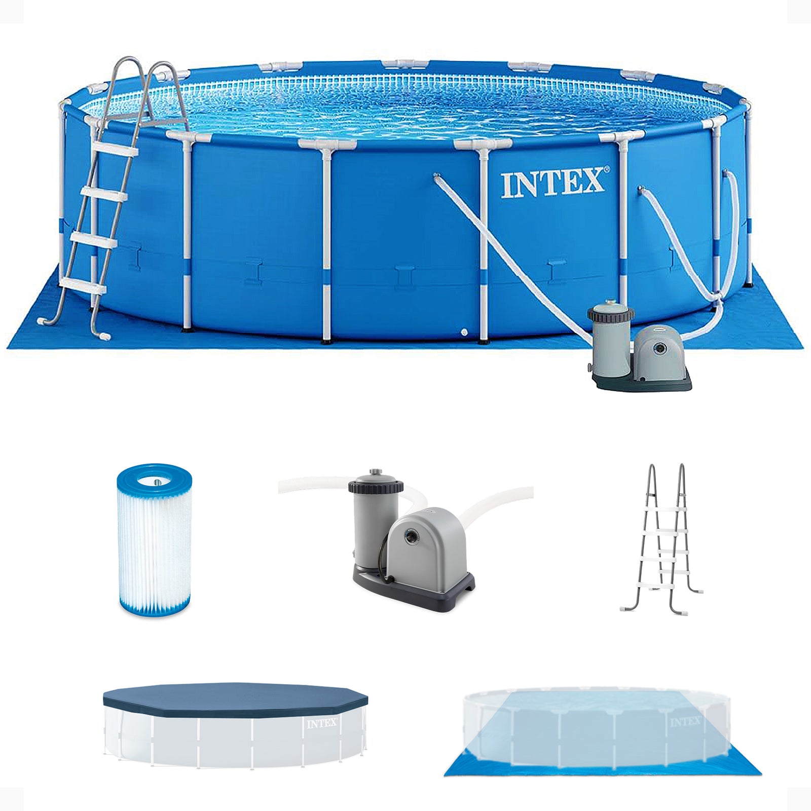 Intex 18ft x 4in Metal Frame Above Ground Pool Set Pump, Ladder, Cover (Used) - VMInnovations