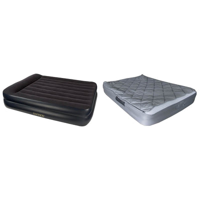 Intex Queen Raised Pillow Travel Air Bed Mattress w/ Pump + Fitted Bedding Kit