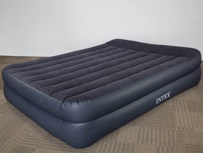 Intex Queen Raised Pillow Travel Air Bed Mattress w/ Pump + Fitted Bedding Kit