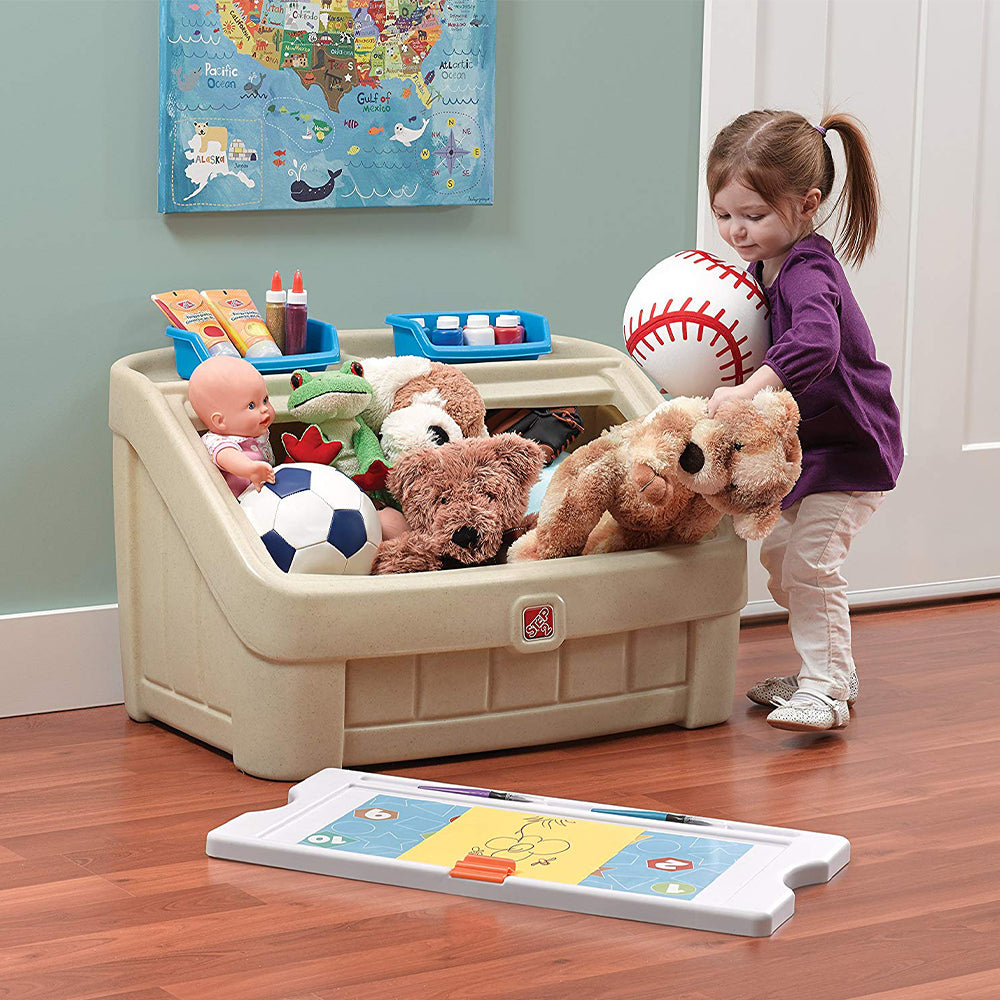 Step2 2-In-1 Kids Organizer Play Toy Box Chest and Art Lid Storage Bin, Tan