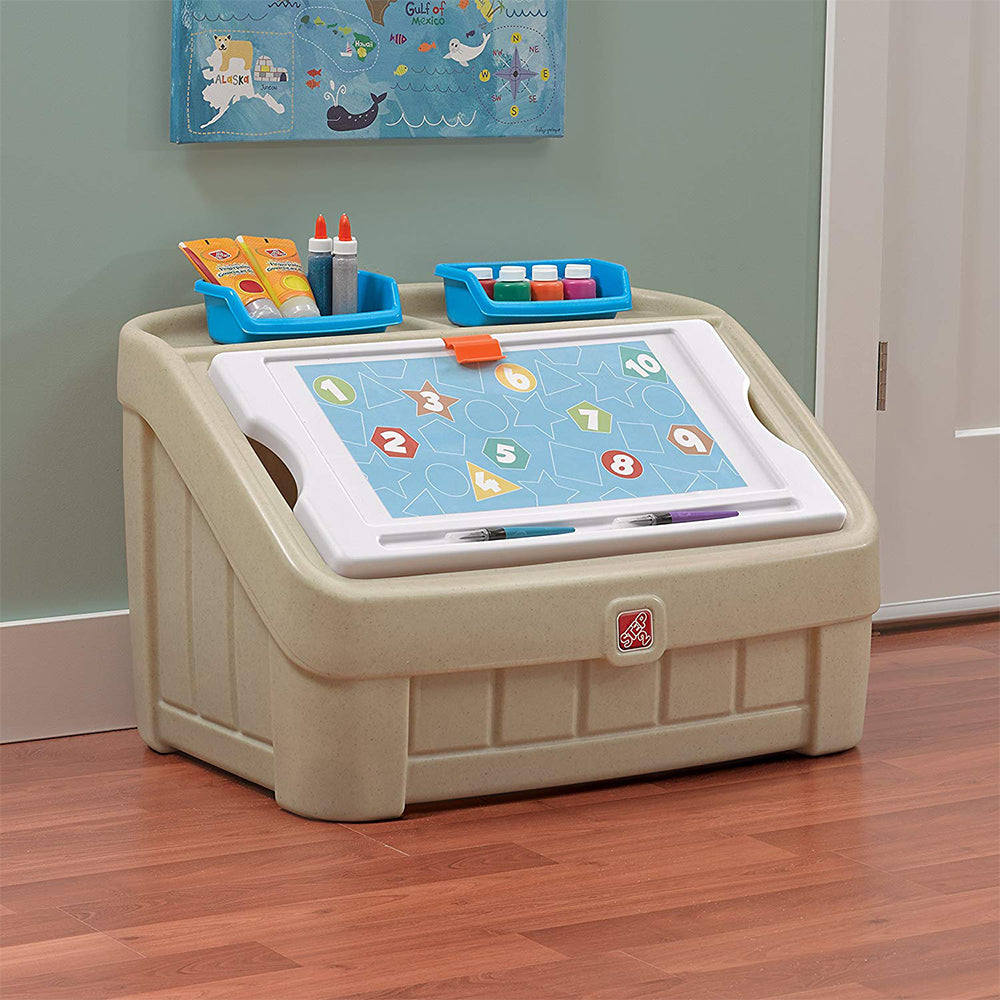 Step2 2-In-1 Kids Organizer Play Toy Box Chest and Art Lid Storage Bin, Tan