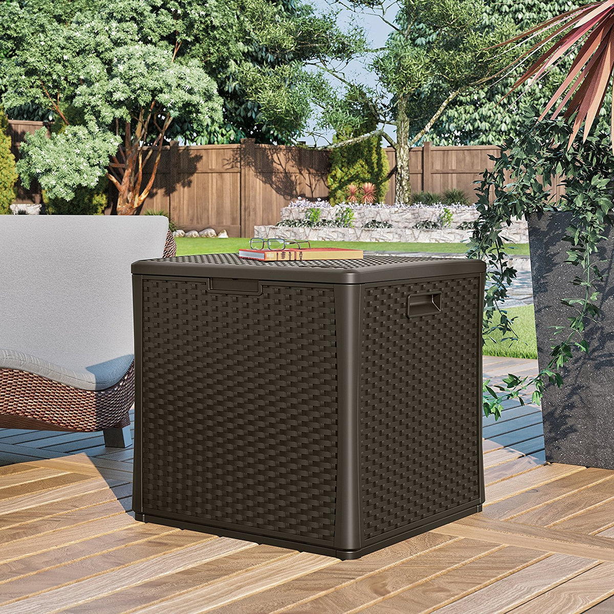Suncast 60 Gallon Outdoor Storage Deck Box & 33 Gallon Trash Hideaway, Java - VMInnovations