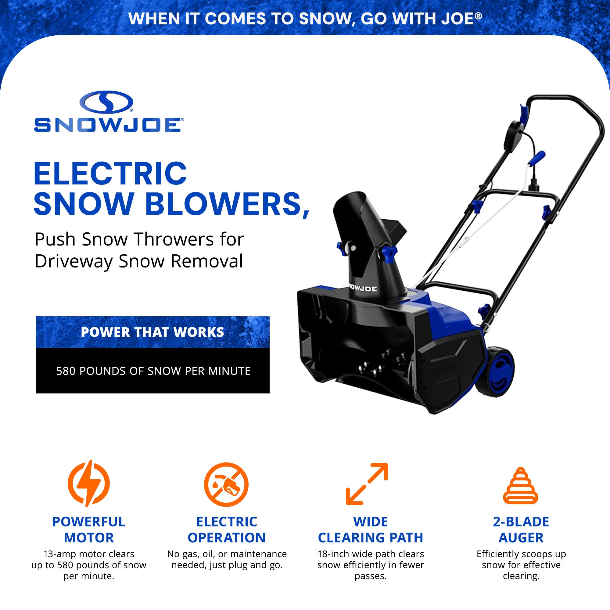 Snow Joe Snow Blower, Snow Thrower for Driveway Snow Removal, Blue (For Parts)