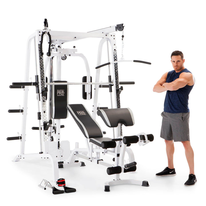 Marcy Pro Smith Cage Workout Machine Total Body Training Home Gym System, White