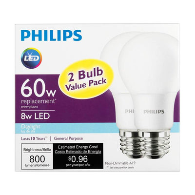 Philips 8W A19 60W Replacement Daylight LED Light Bulb, 2 Pack (Open Box)