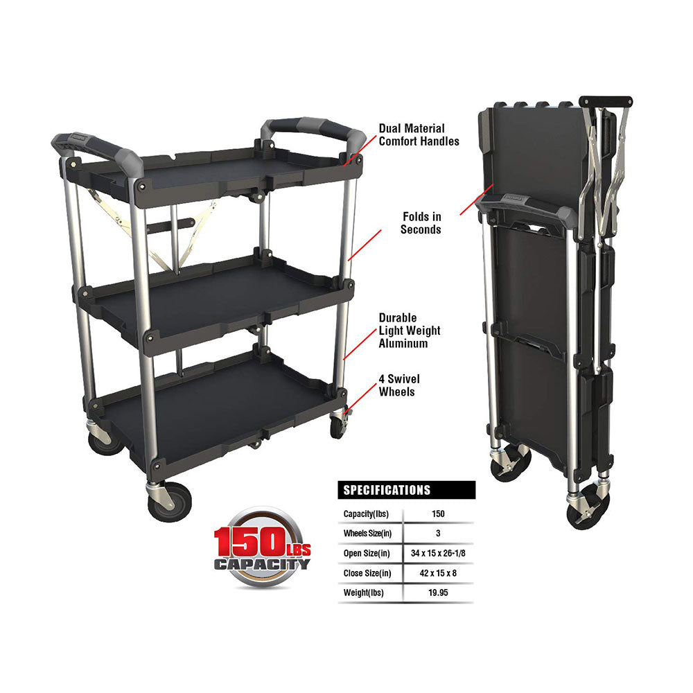 Olympia Tools 85-188 Pack N Roll 3 Tier Collapsible Storage Rolling Service Cart