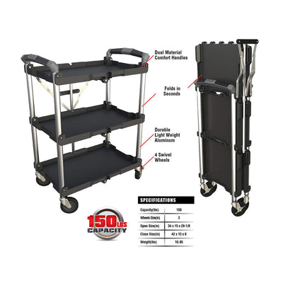 Olympia Tools 85-188 Pack N Roll 3 Tier Collapsible Storage Rolling Service Cart