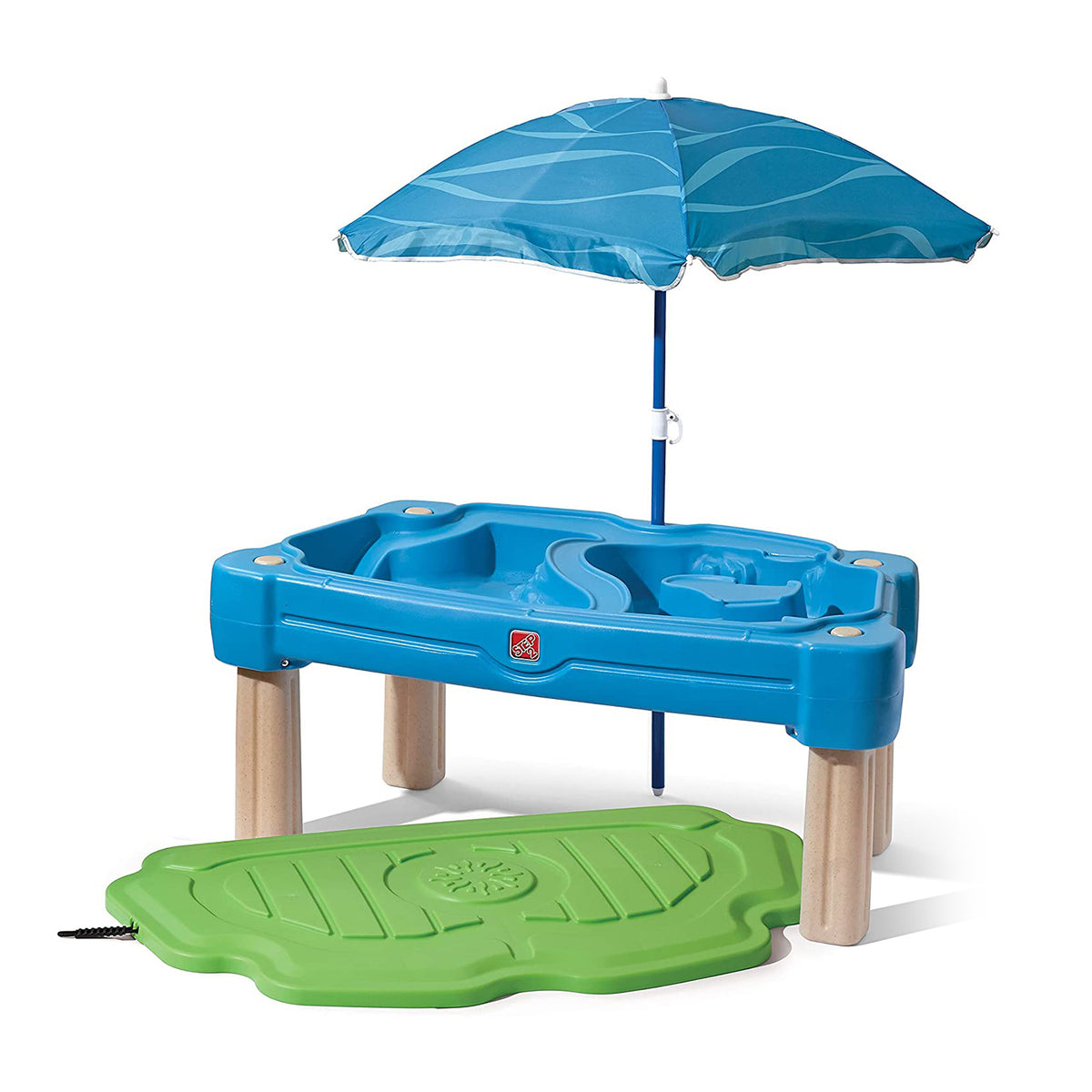 Step2 Cascading Cove Sand and Water Kids Sensory Play Table with Umbrella, Blue