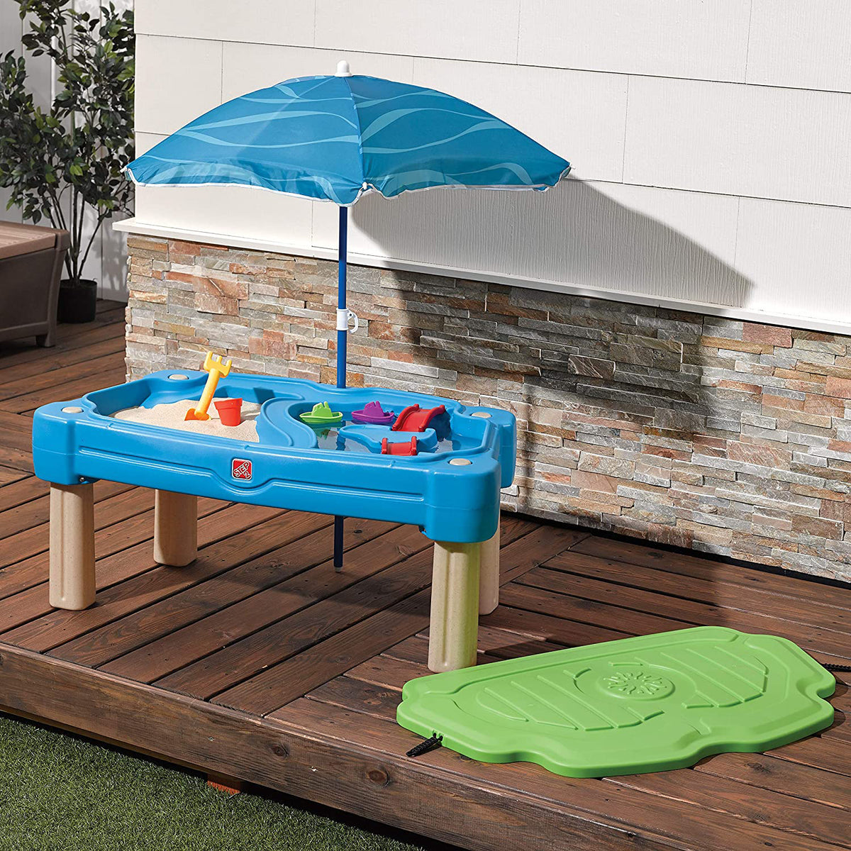 Step2 Cascading Cove Sand and Water Kids Sensory Play Table with Umbrella, Blue