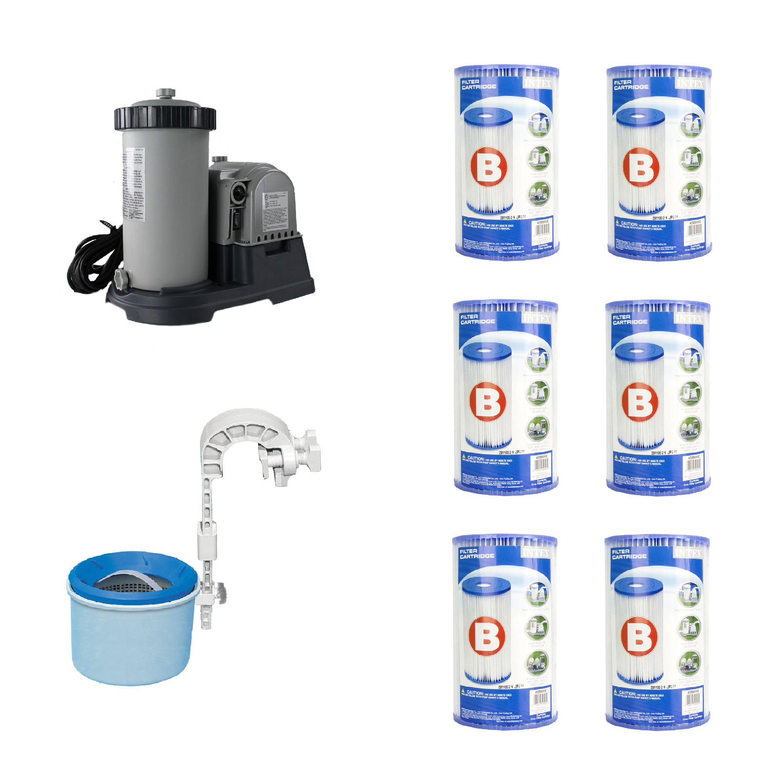 Intex Pool Pump w/ Wall Mount Automatic Skimmer and Intex Pool Filters (6 Pack) - VMInnovations