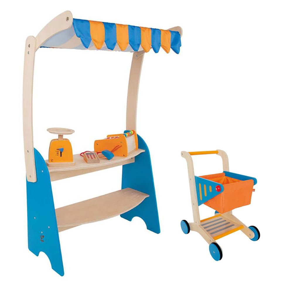 Hape Grocery Checkout Stand Play Set + Hape Supermarket Grocery Shopping Cart