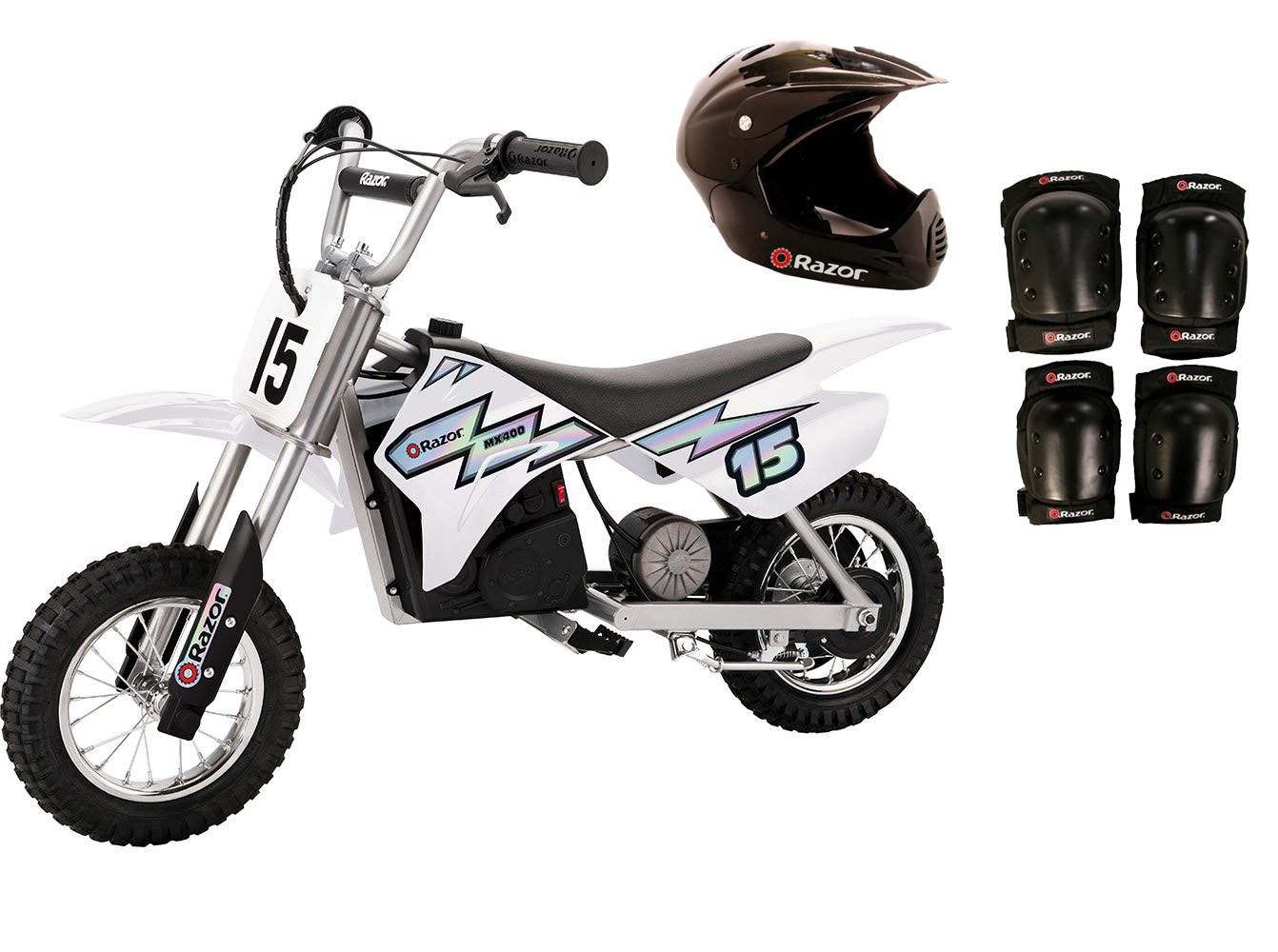 Razor MX400 Rocket Electric Toy Dirt Bike w/ Helmet, Elbow & Knee Pads, White