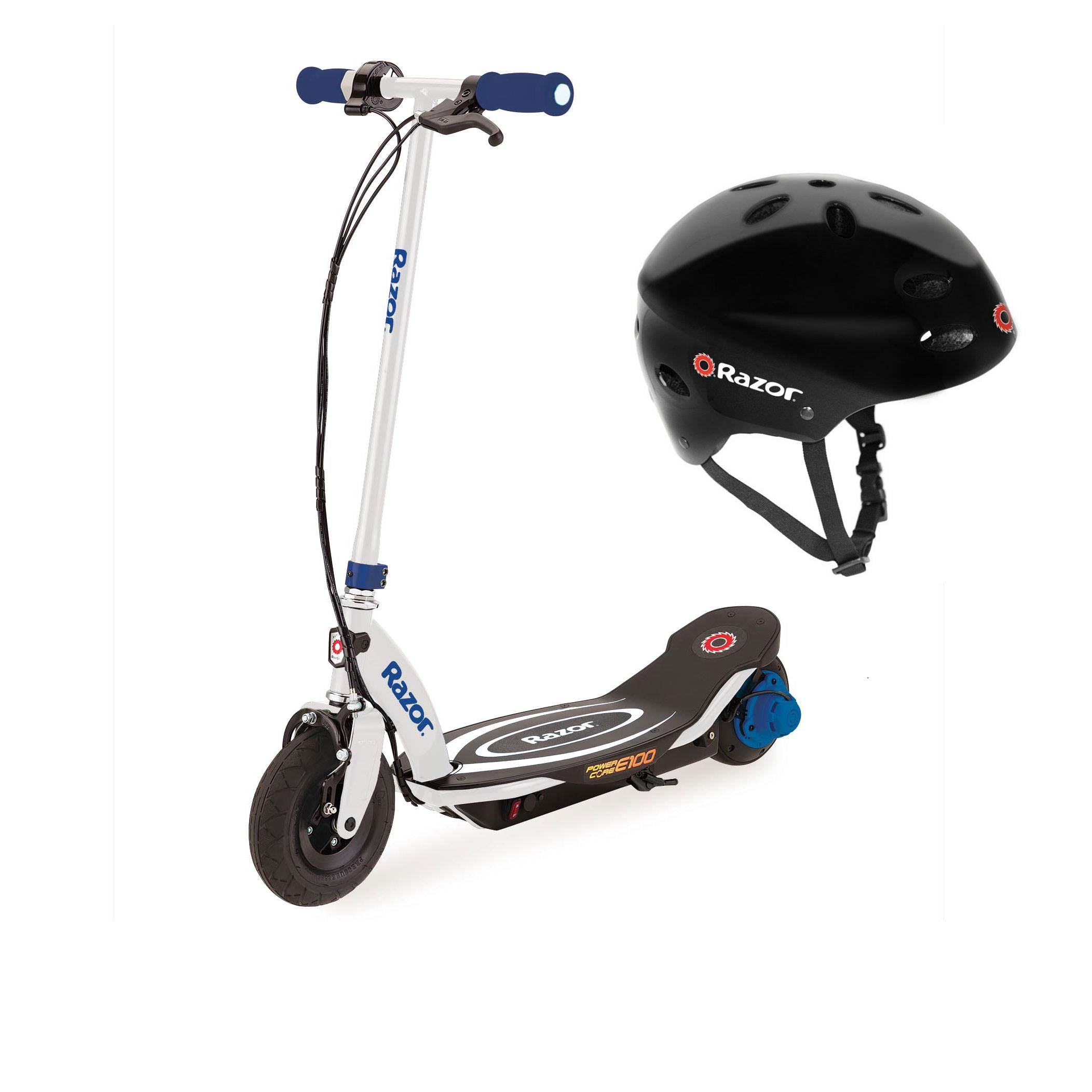 Razor Power Core E100 Kids Ride On Electric Motor Scooter w/ Kids Helmet, Blue