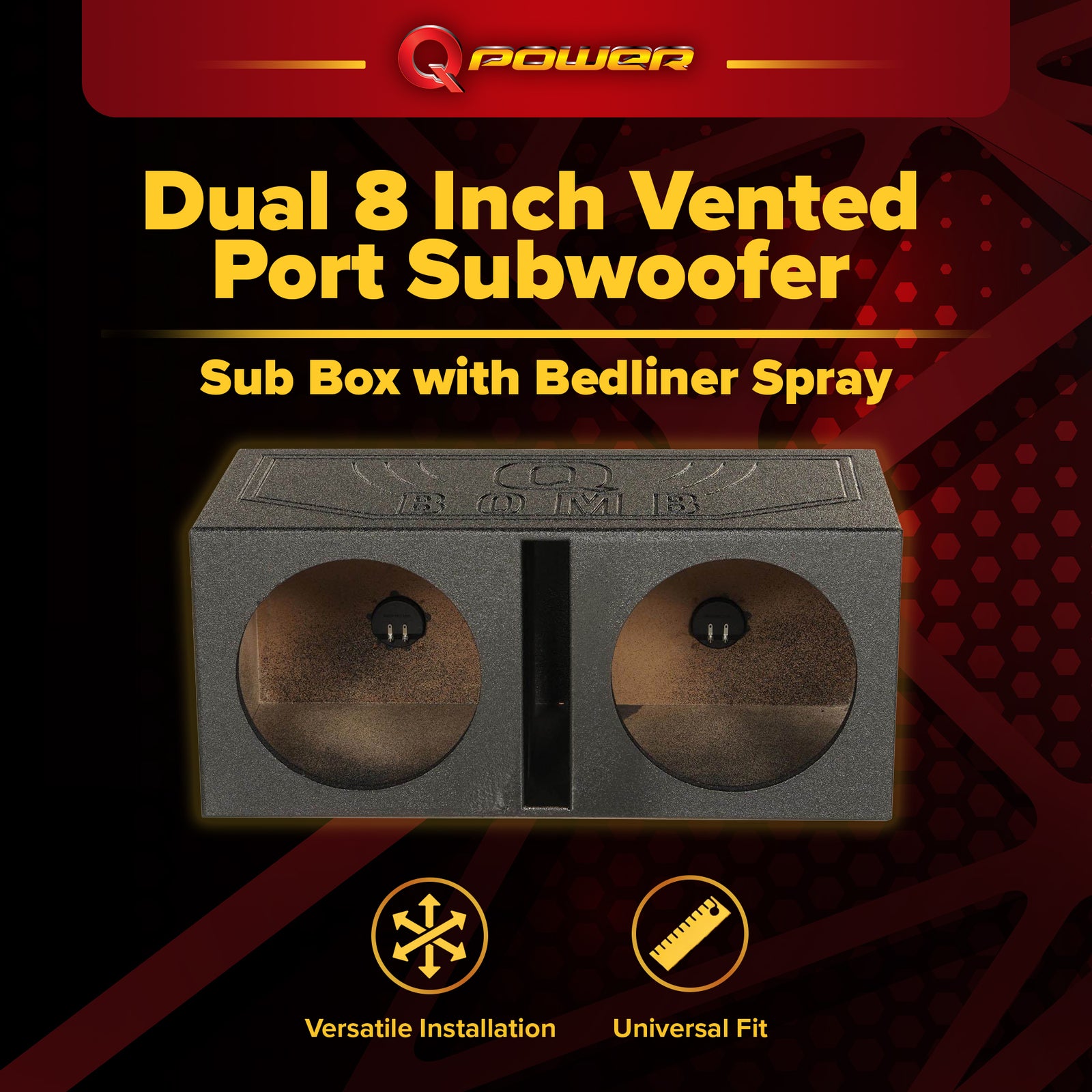 QPower QBOMB8V Dual 8 Inch Vented Port Subwoofer Sub Box with Bedliner Spray - VMInnovations