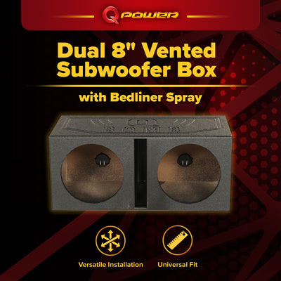 Q Power Dual 8 Inch Vented Port Subwoofer Sub Box with Bedliner Spray (Open Box) - VMInnovations