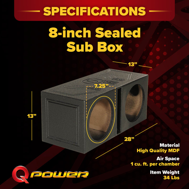 QPower QBOMB8V Dual 8 Inch Vented Port Subwoofer Sub Box with Bedliner Spray - VMInnovations
