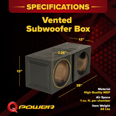 Q Power Dual 8 Inch Vented Port Subwoofer Sub Box with Bedliner Spray (Open Box) - VMInnovations