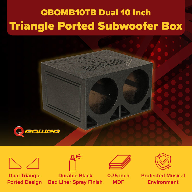 QPower QBOMB10TB Dual 10 Inch Triangle Ported Subwoofer Box w/ Bedliner Spray