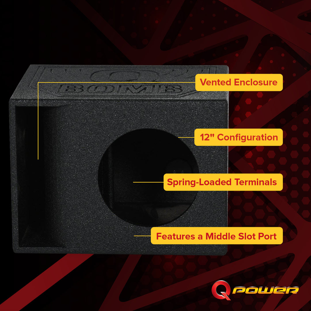 Q Power QBomb Single 12" Vented Port Subwoofer Box w/ Bedliner Spray (Open Box)