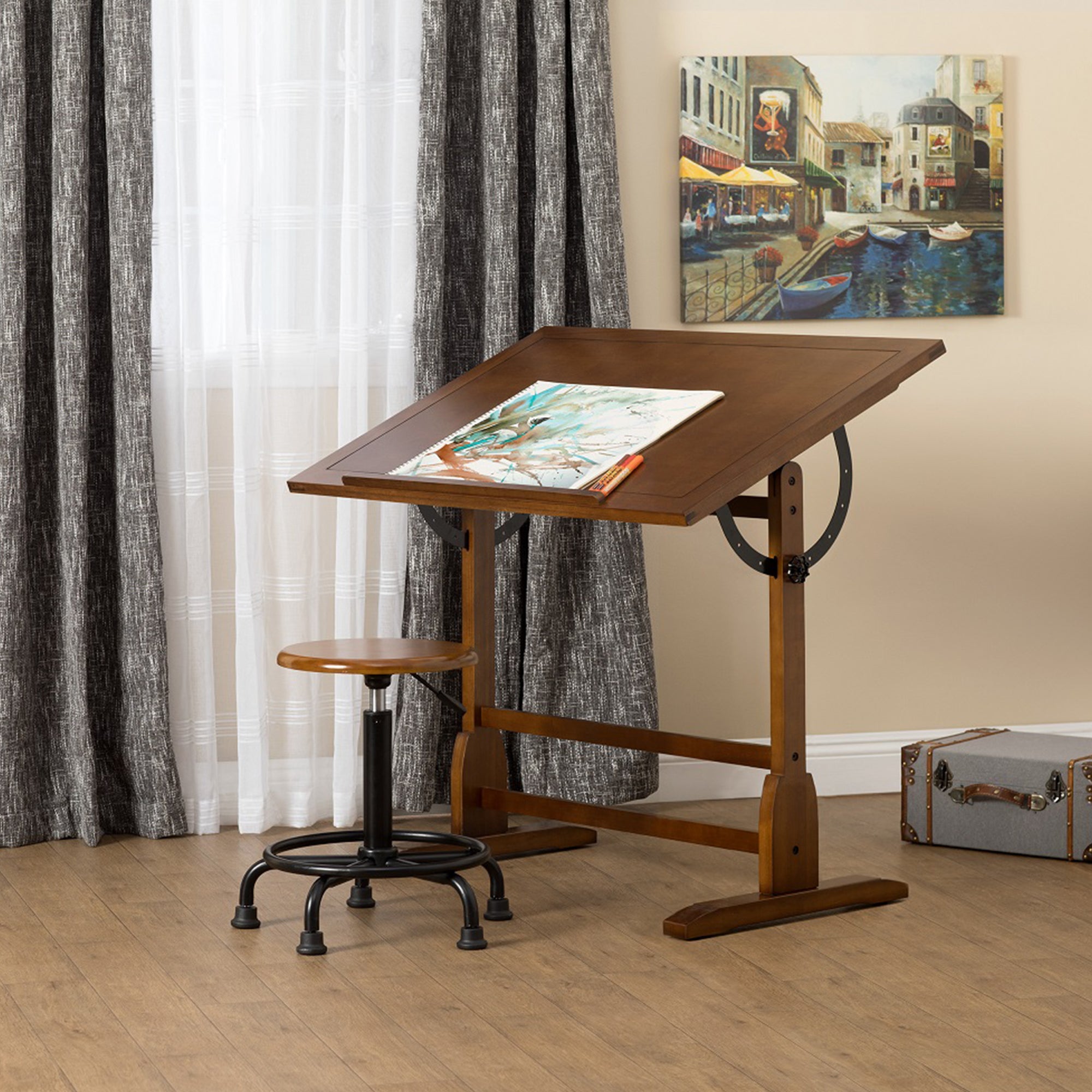 Studio Design 42" Vintage Drawing Wood Table Craft Desk Rustic Oak (Damaged)