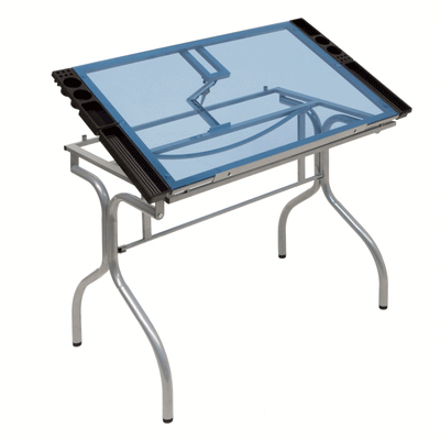 Studio Design Blue Glass Folding Art Drafting and Craft Table, Silver (Open Box)