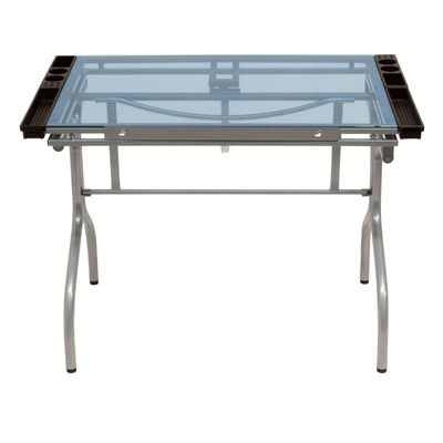 Studio Design Blue Glass Folding Art Drafting and Craft Table, Silver (Open Box)