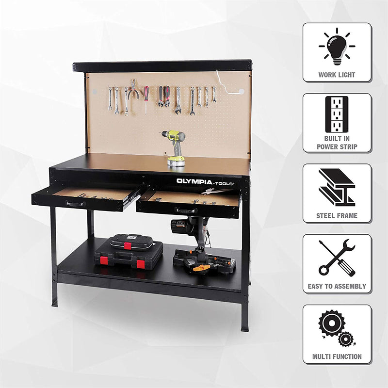 Olympia Tools 47" Steel Workbench w/ Light, Outlets, Pegboard and Storage, Black - VMInnovations