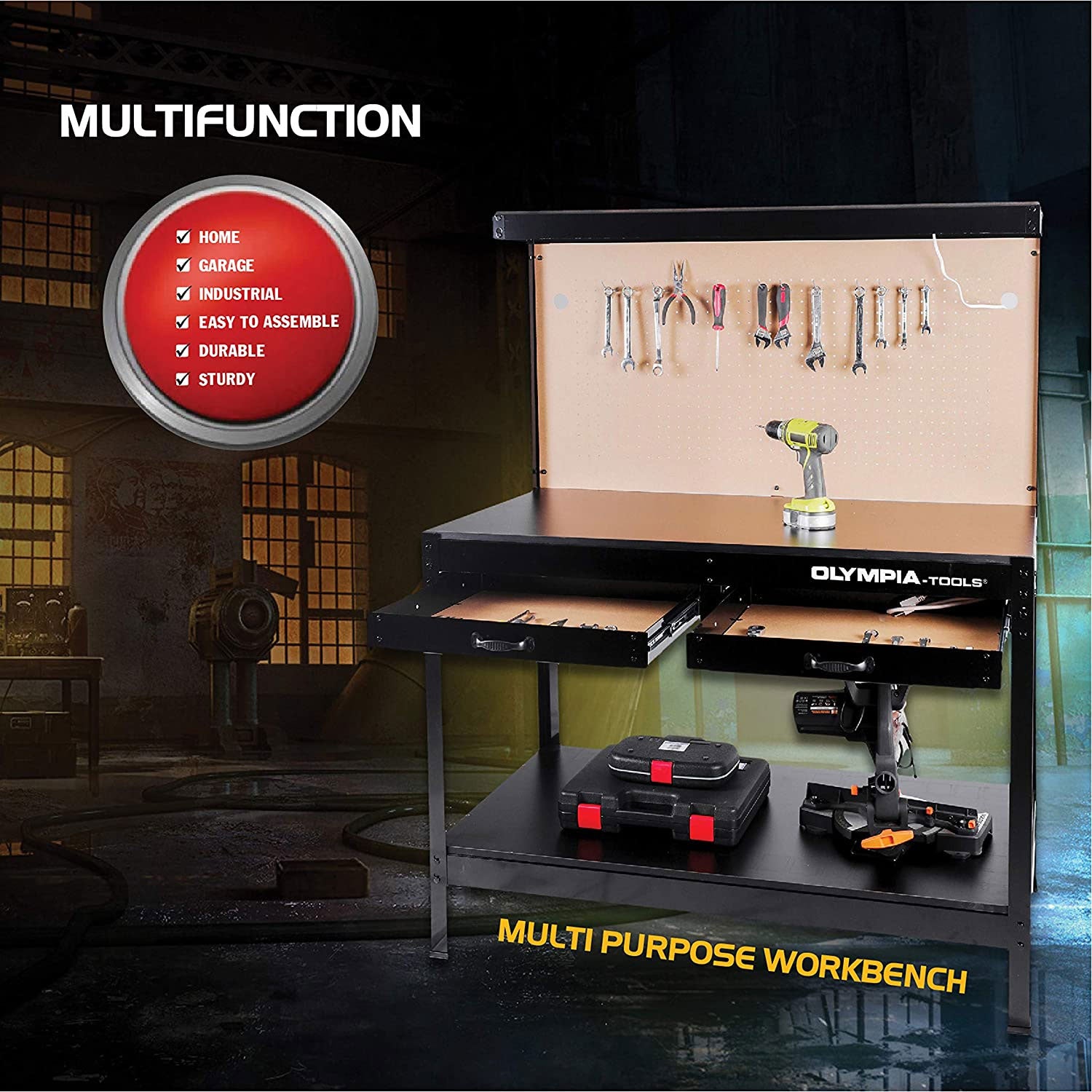 Olympia Tools 47" Steel Workbench w/ Light, Outlets, Pegboard and Storage, Black