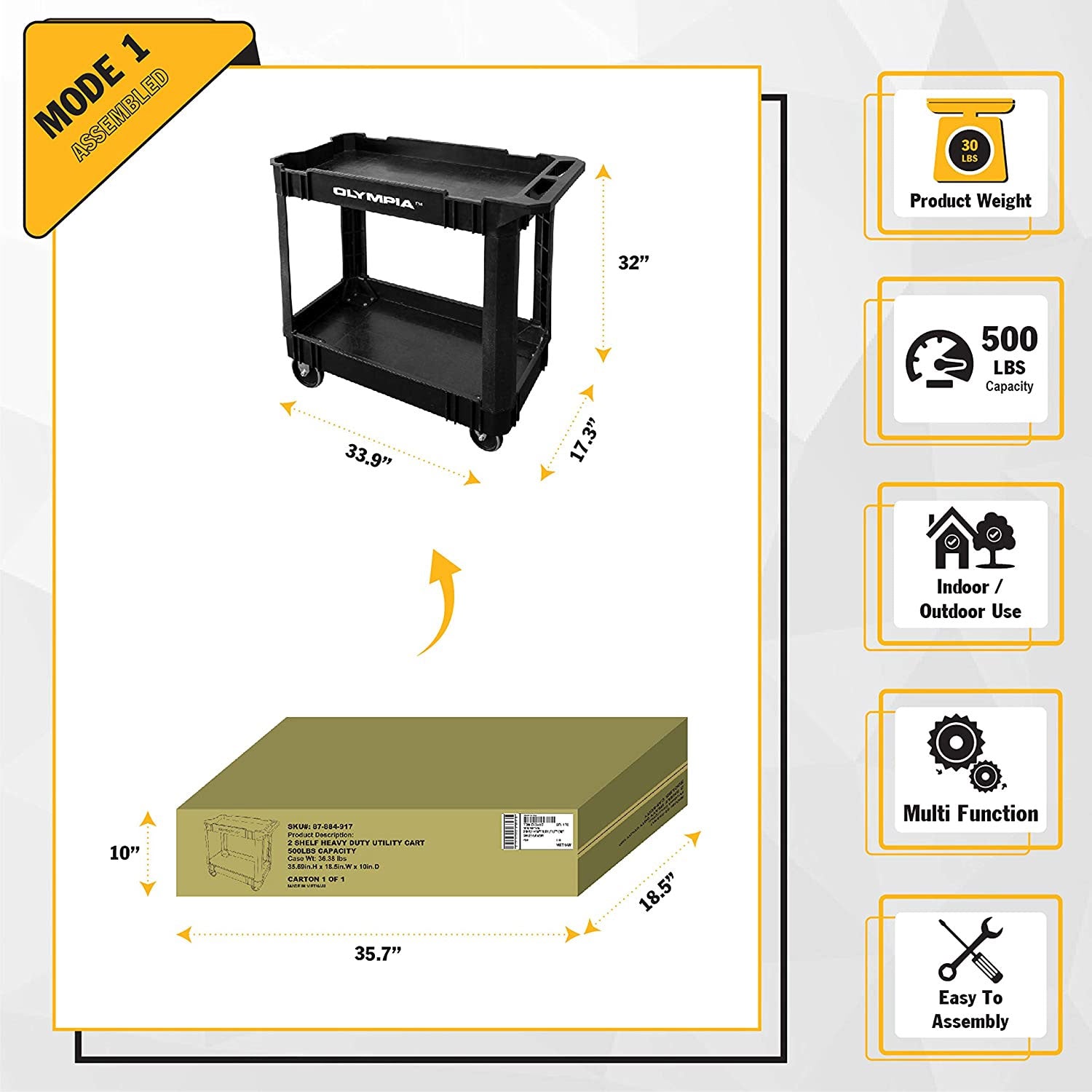 Olympia Tools 500 Pound Capacity Rolling Utility Cart Shelves, Black (Open Box)