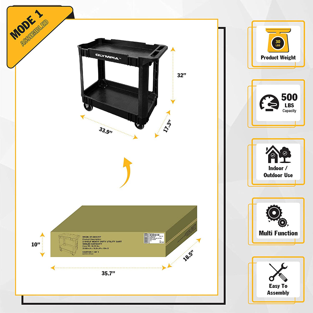 Olympia Tools 500 Pound Capacity Rolling Utility Cart Shelves, Black (Open Box) - VMInnovations