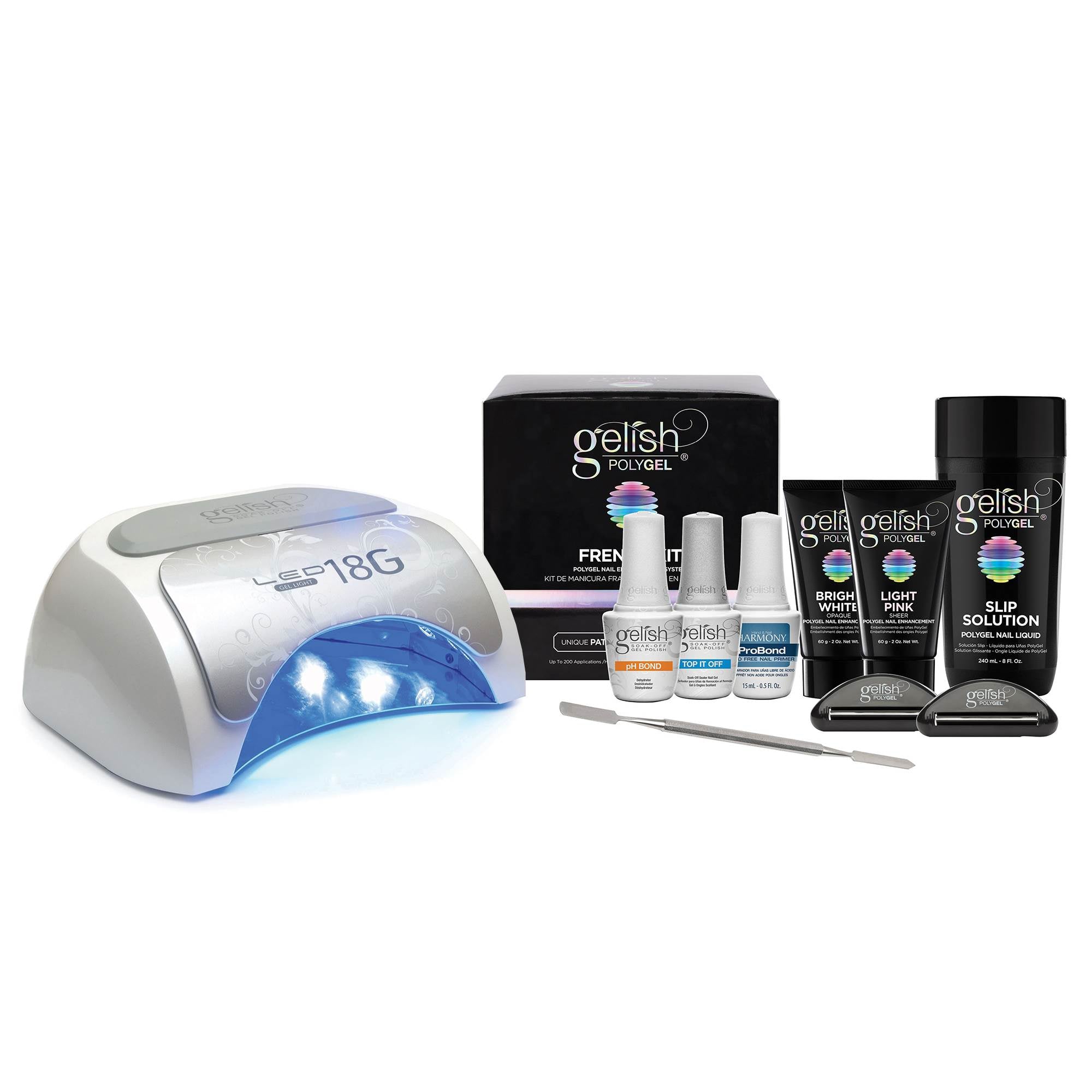 Gelish Harmony 18G LED Curing Lamp + PolyGel Professional Enhancement French Kit