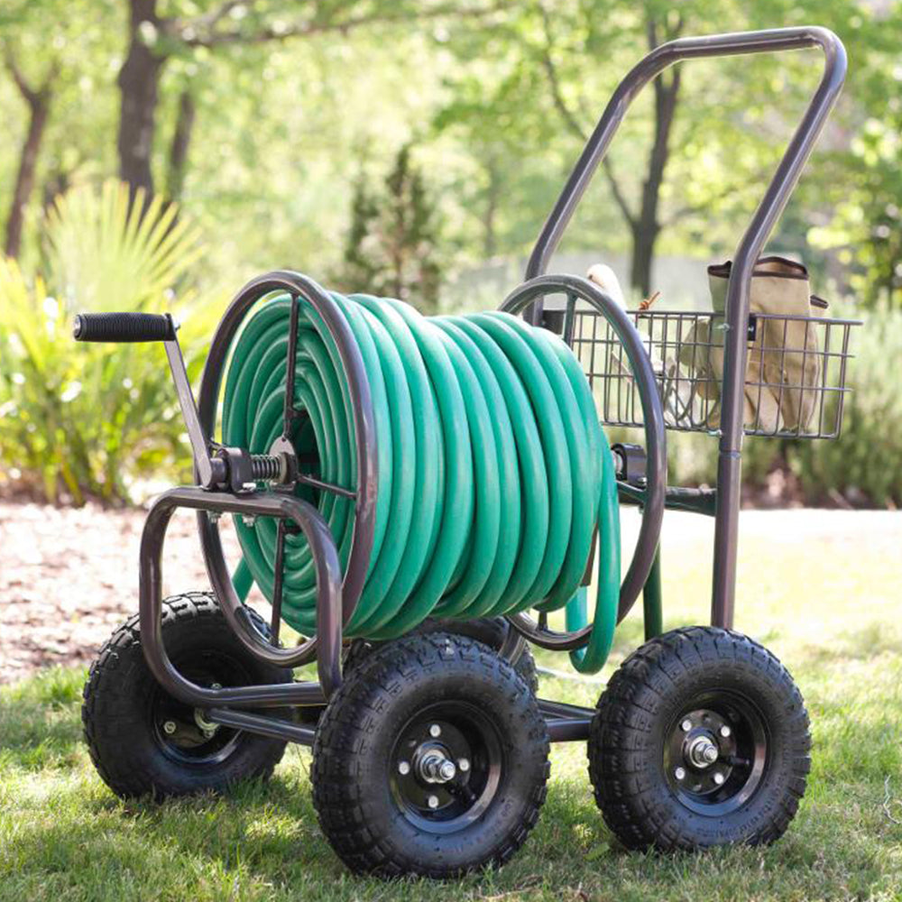 Liberty Garden 4 Wheel 250 Ft Steel Frame Water Hose Reel Cart w/ Basket (Used) - VMInnovations