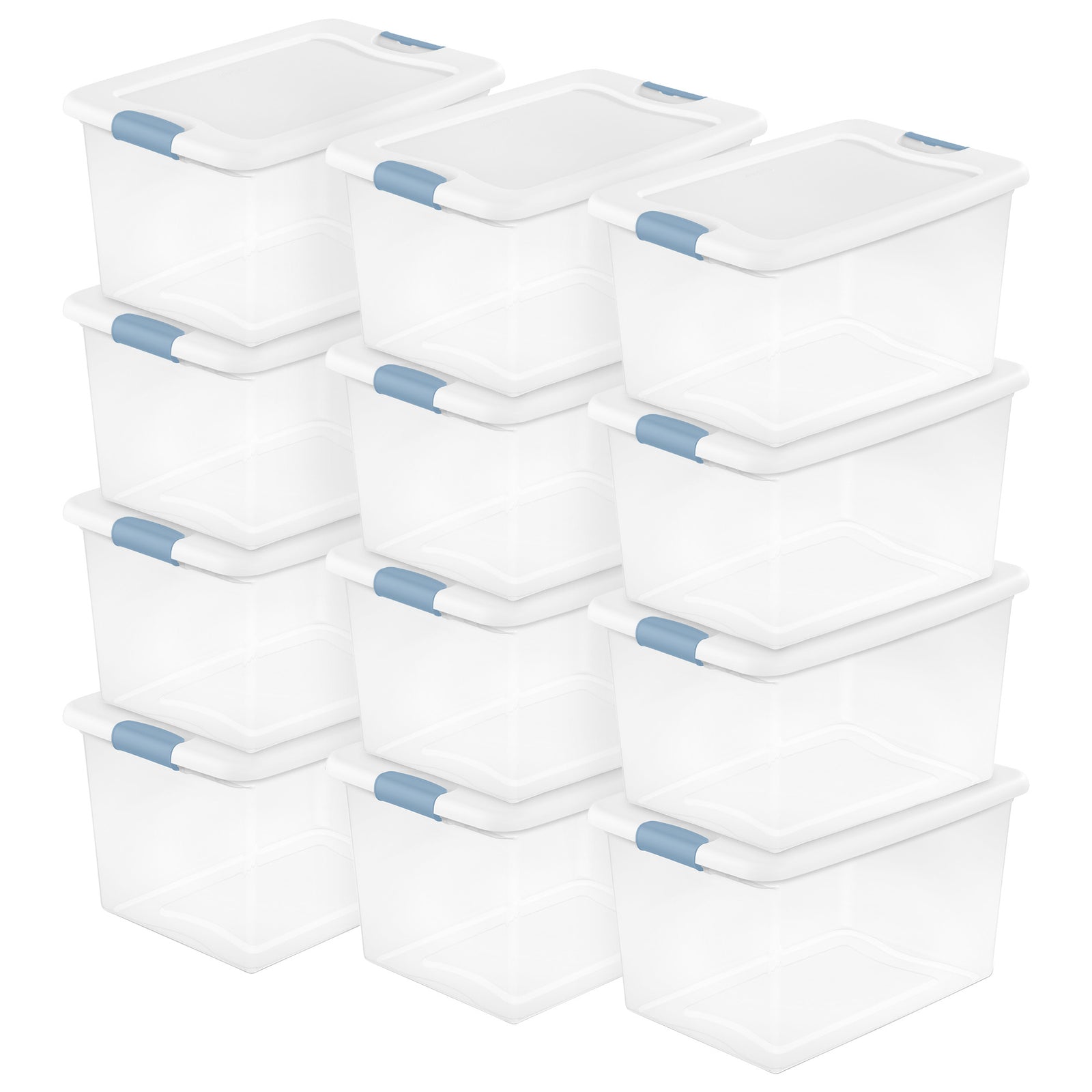 Sterilite 64 Qt Clear Plastic Stackable Storage Bin w/ White Latch Lid, 12 Pack - VMInnovations
