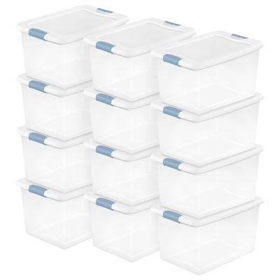 Sterilite 64 Qt Clear Plastic Stackable Storage Bin w/ White Latch Lid, 12 Pack - VMInnovations