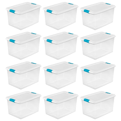 Sterilite 64 Qt Clear Plastic Stackable Storage Bin w/ White Latch Lid, 12 Pack - VMInnovations