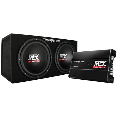 MTX 12 Inch Dual Car Subwoofer Audio, Sub Box, & Amplifier Bundle w/ Wiring Kit