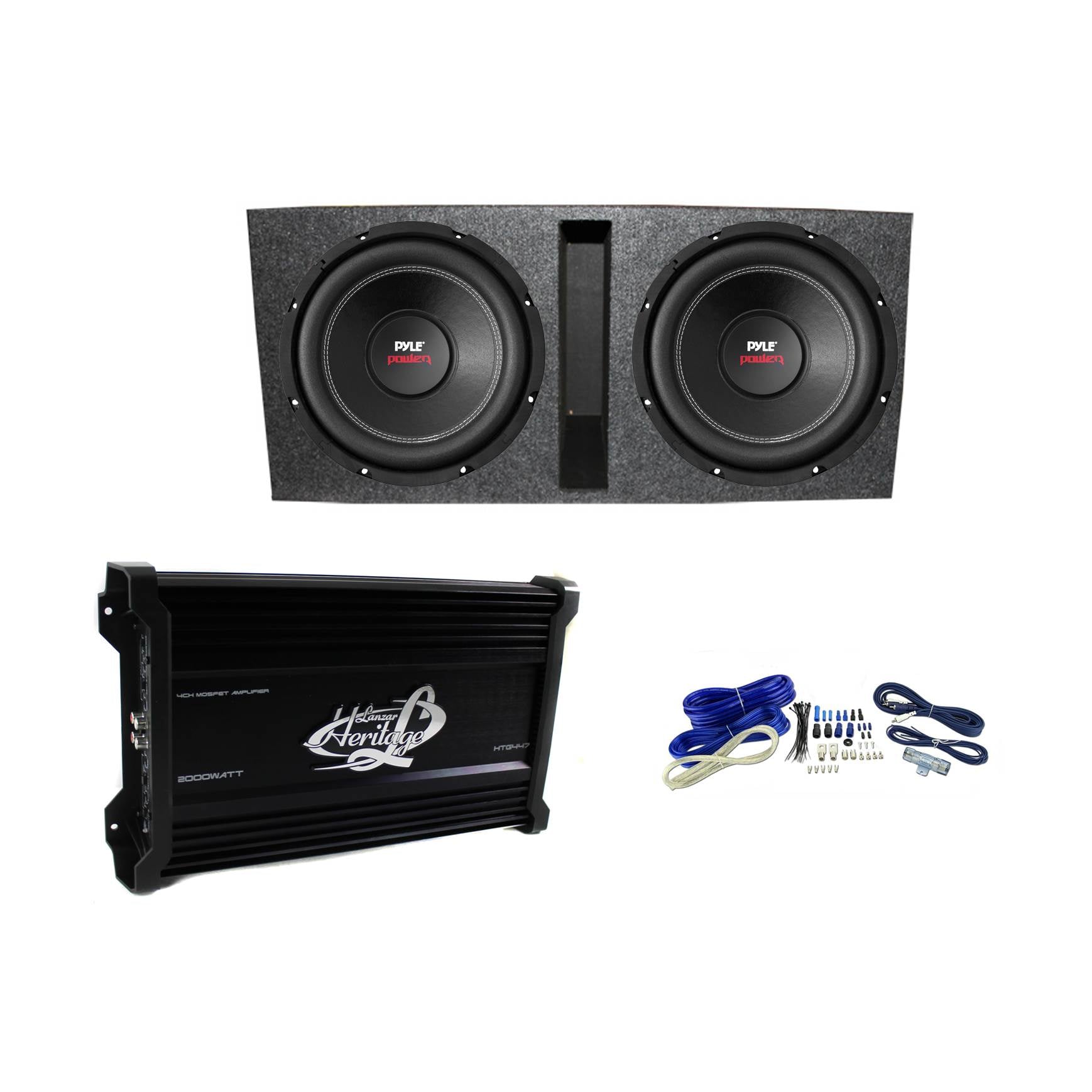 Pyle 2000W Subwoofer Pair + LANZAR HTG447 Amplifier  + Vented Box + Wiring Kit