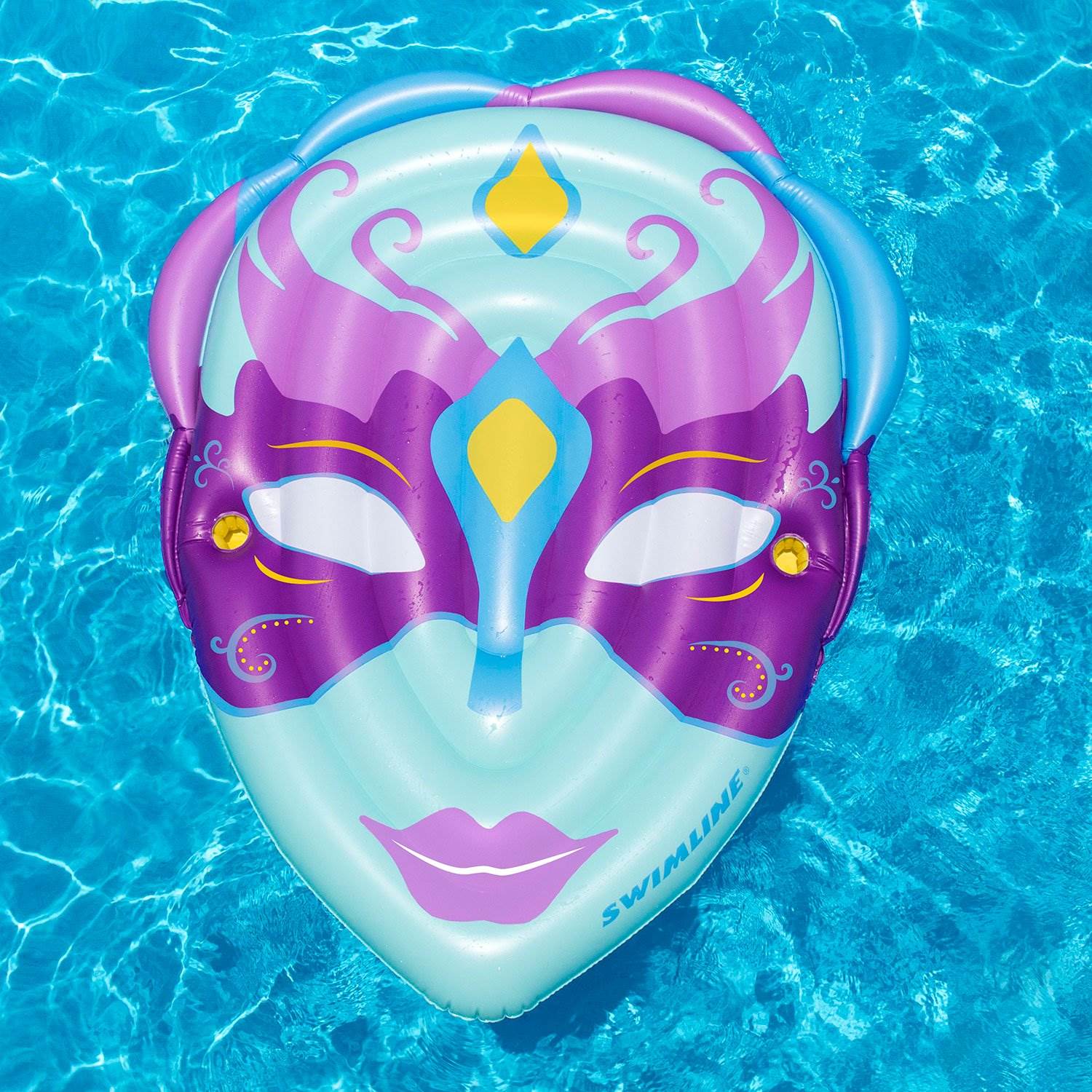 Swimline Inflatable Mardi Gras Mask Floating Raft Mat for Swimming Pools, Blue - VMInnovations