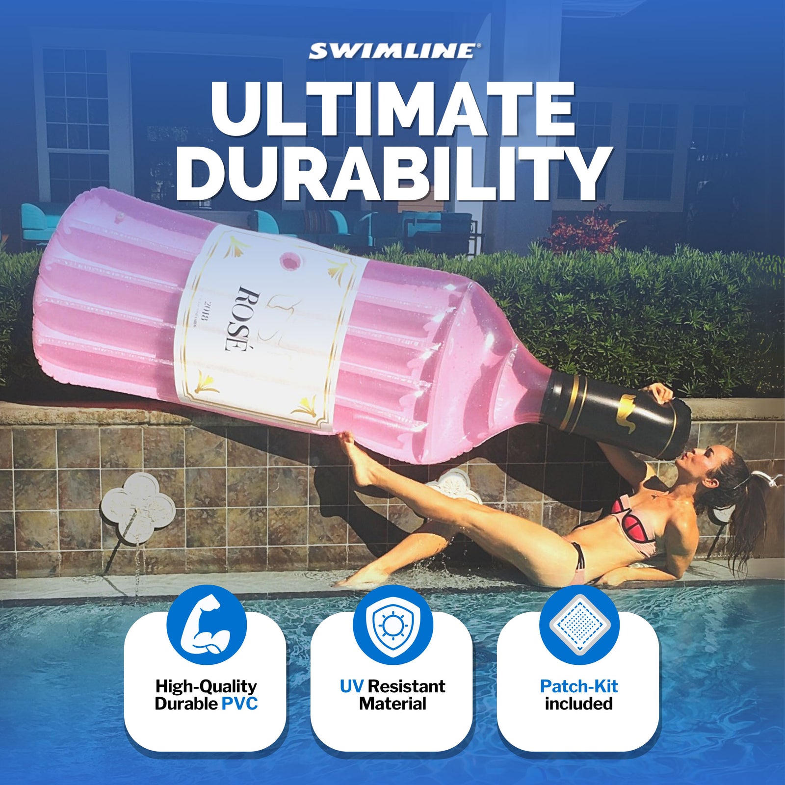 Swimline 90654 Giant Inflatable 94" Rosè Wine Bottle Pool Float Raft Mat, Pink - VMInnovations