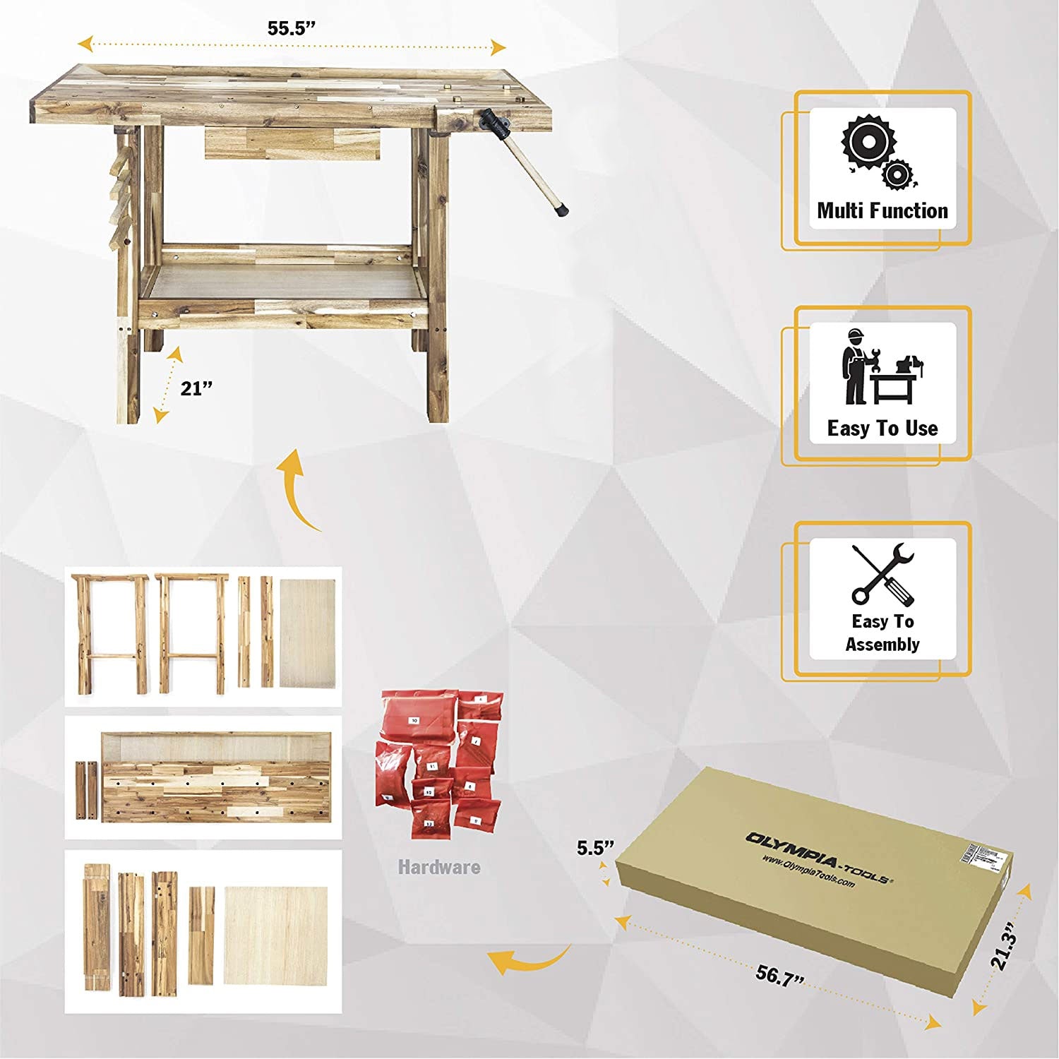 Olympia Tools 48 Inch Acacia Hardwood Carpentry Workbench w/ Storage (Open Box) - VMInnovations