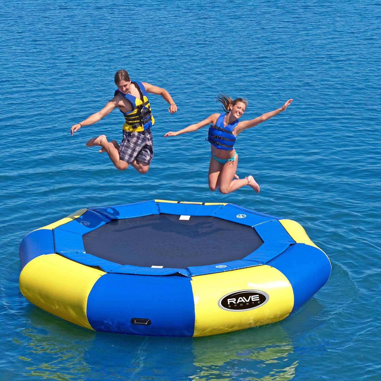 Rave Sport Aqua Jump Eclipse 120 Water Trampoline with Ladder, Blue and Yellow